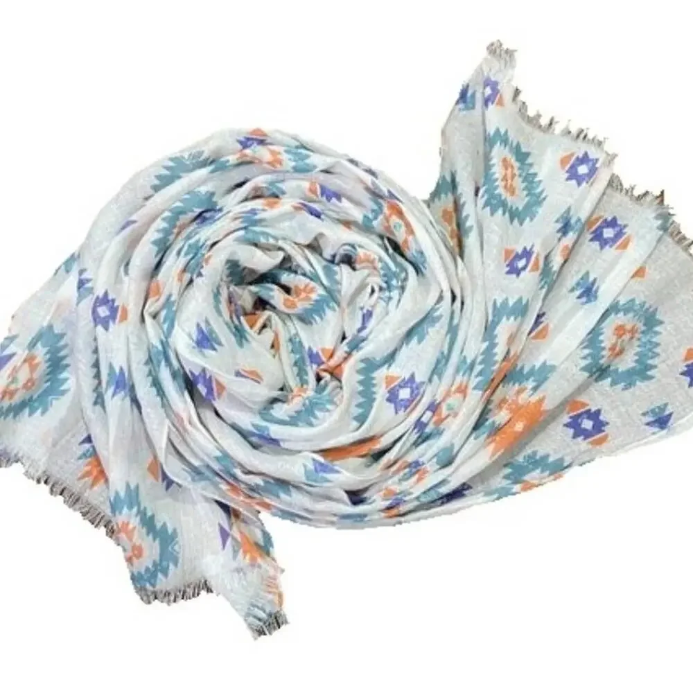 Funky Boho Raw Edge Scarf White with Multicolor Aztec Tribal Print L72